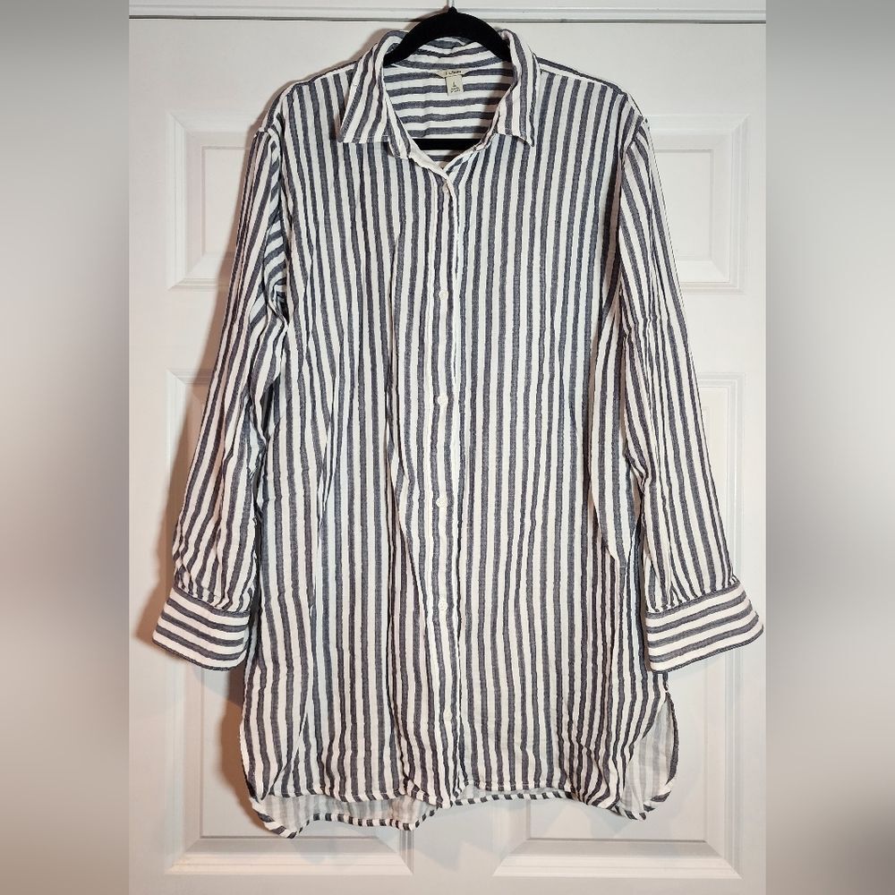 L.L.Bean Gray And White Striped Cotton Button Down Long Sleeve Shirt Dress L